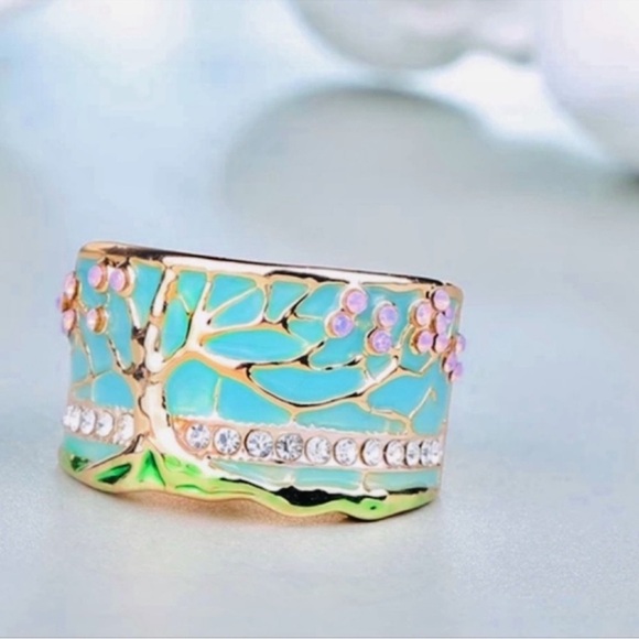 NIB 18k Gold Fire Opal and enamel tree of life Cherry blossom ring - Picture 4 of 16